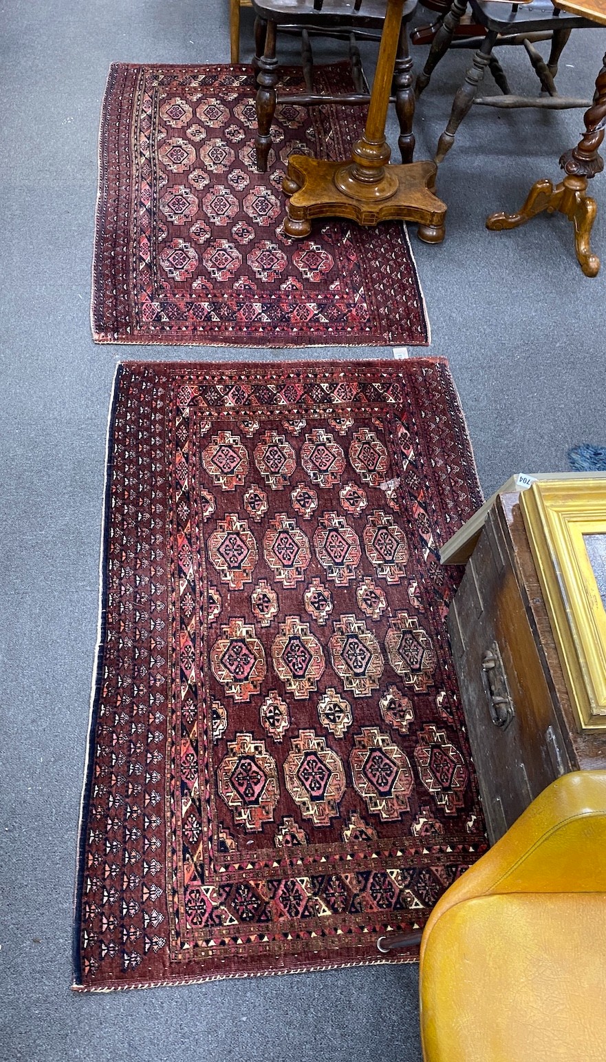 A pair of Chuval (Turkmen) rugs, 146 x 89cm These are known as ‘Chuval’, and are storage bags used inside the tribal yurt for storing items such as clothing and bedding. They stood up around the side of the yurt. This pa
